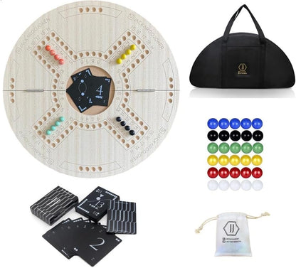 JackarooJoker Jakaroo Wooden Board Game for 4 Players, Beige, Foldable, with Black Cards and Marbles, Bag Included