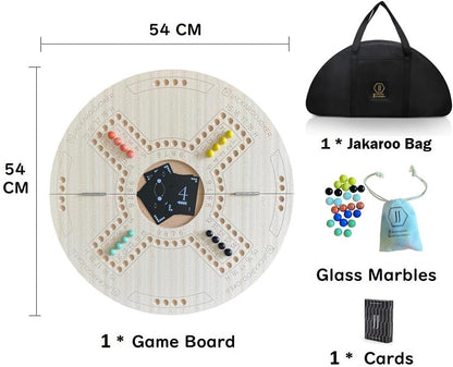 JackarooJoker Jakaroo Wooden Board Game for 4 Players, Beige, Foldable, with Black Cards and Marbles, Bag Included