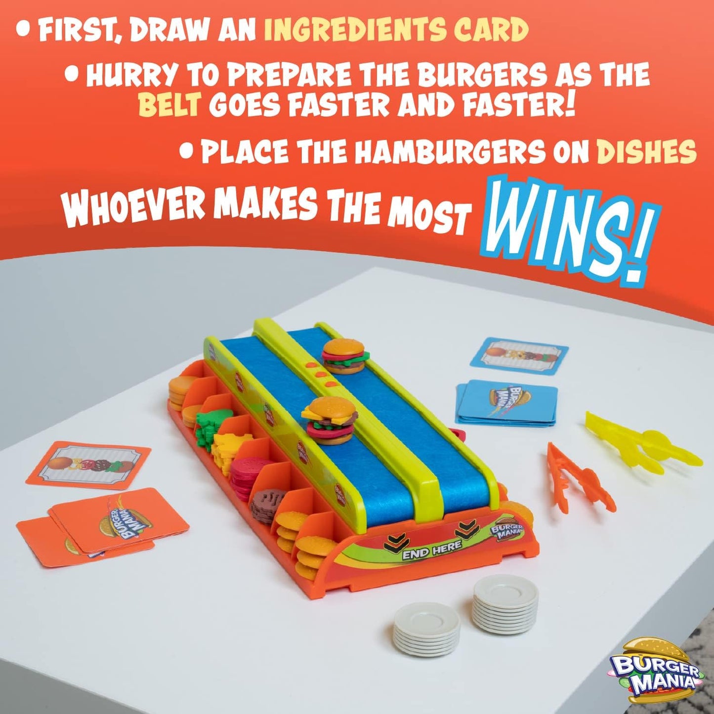 Fotorama Burger Mania Sizzling Build-A-Burger Game, Fast-Paced Conveyor Belt Fast Food Thrill Competition, Develops Fine Motor Skills and Dexterity, for Children Ages 6 and Up